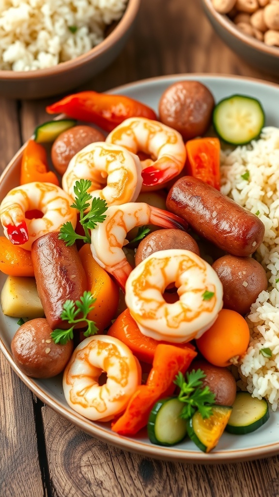 A colorful plate of air fryer shrimp, sausage, and veggies with parsley garnish on a wooden table.